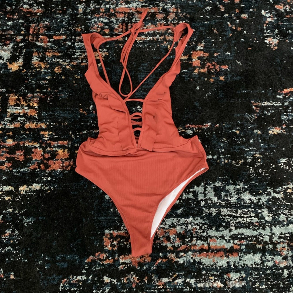 SHEIN Ribbed Rust One Piece Crisscross Strappy Swimsuit 2XL